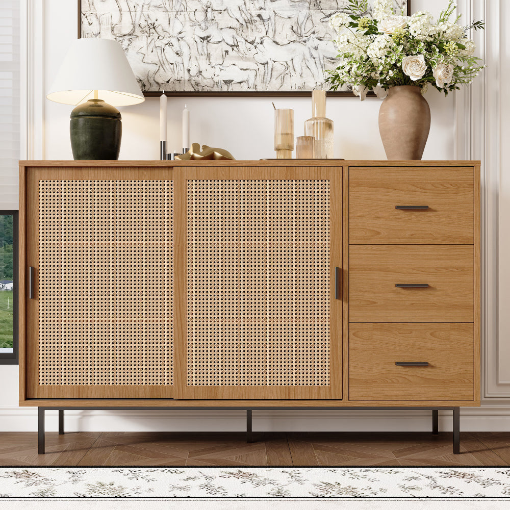 Modern Rustic Sliding Door Sideboard Cabinet with 2 Doors & 3 Adjustable Shelves - Large Storage Non-Wood Brown, Black Frame Buffet for, Dining Area - 140cm Wide Contemporary Furniture (Easy Assembly Required)