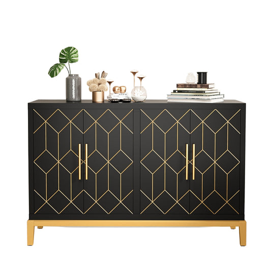 Kast – Opbergkast – Dressoir – Garderobekast – Vrijstaand – Verstelbare Planken – Zwart Met Gouden Accenten