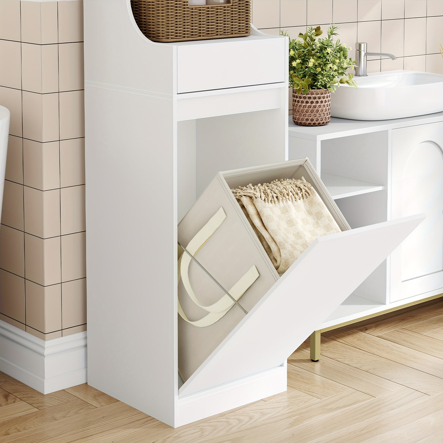 Bathroom Cabinet With Laundry Basket, Tall Bathroom Cabinet, Laundry Bag, With Foldable Laundry Basket, Door And Drawer, Adjustable Shelf, White 40 X 40 X 174 Cm