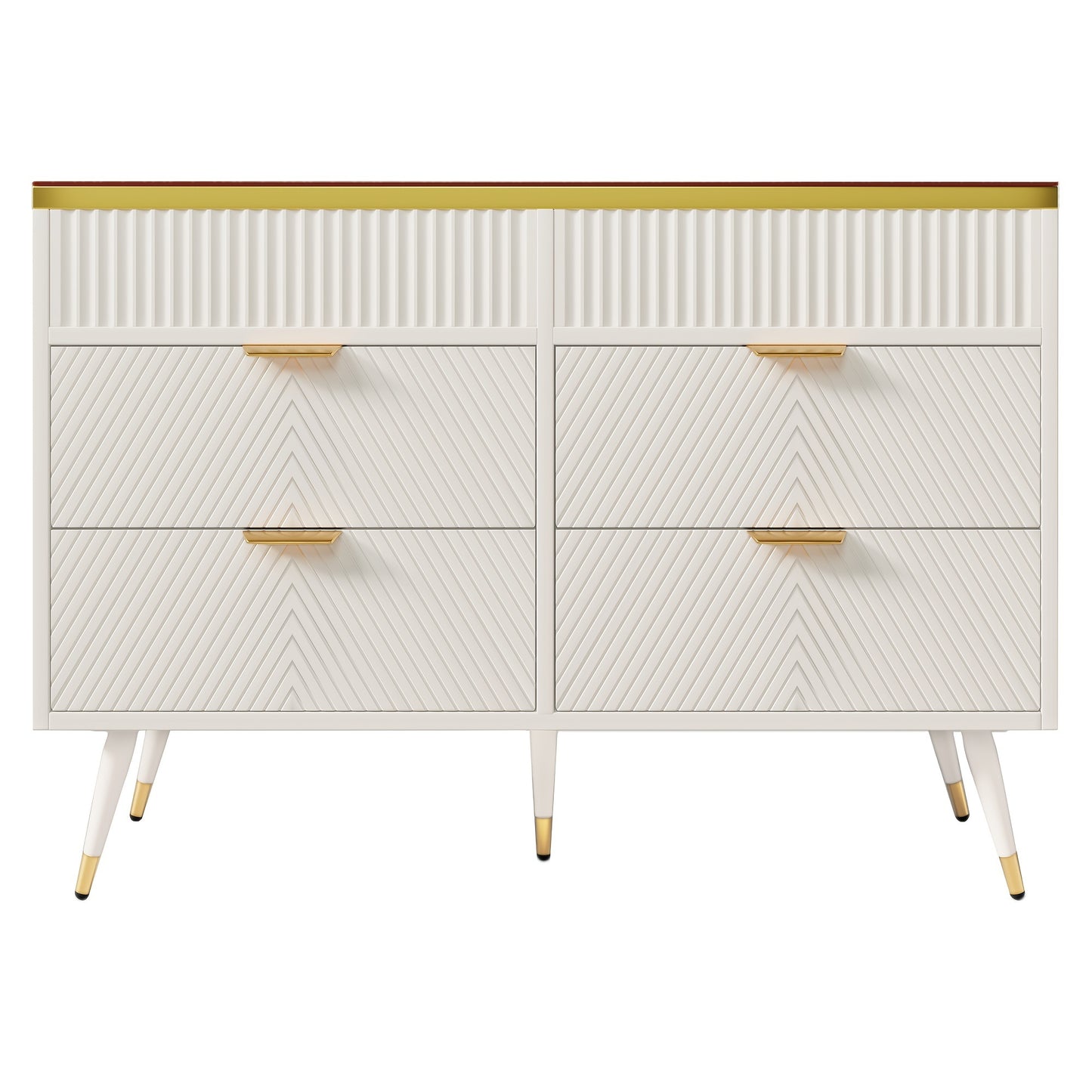 Dressoir – Sideboard – Opbergkast – Ladekast – Wandkast – Modern Wit – Hardhout & Amberglas – 6 Lades Met Compartimenten – Tip-Proof Veiligheidsfunctie – 120x40x76 cm