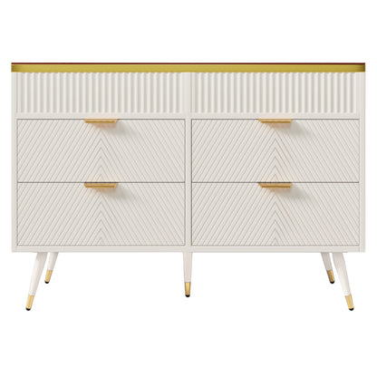 Dressoir – Sideboard – Opbergkast – Ladekast – Wandkast – Modern Wit – Hardhout & Amberglas – 6 Lades Met Compartimenten – Tip-Proof Veiligheidsfunctie – 120x40x76 cm