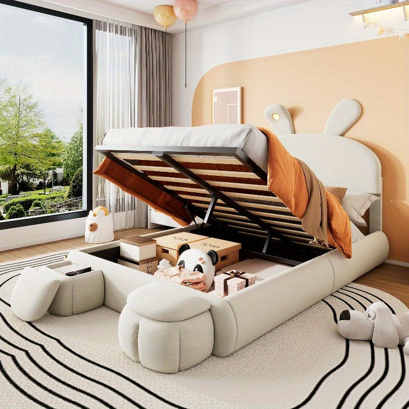 Beige Velvet Opbergbed – Bed Frame Met Opbergruimte – Tweepersoonsbed – Slaapbank – Bed Met Hoofdbord – 140x200 cm – Met Warm Verstelbaar Licht – Inclusief 2 Krukken