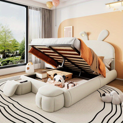 Beige Velvet Opbergbed – Bed Frame Met Opbergruimte – Tweepersoonsbed – Slaapbank – Bed Met Hoofdbord – 140x200 cm – Met Warm Verstelbaar Licht – Inclusief 2 Krukken
