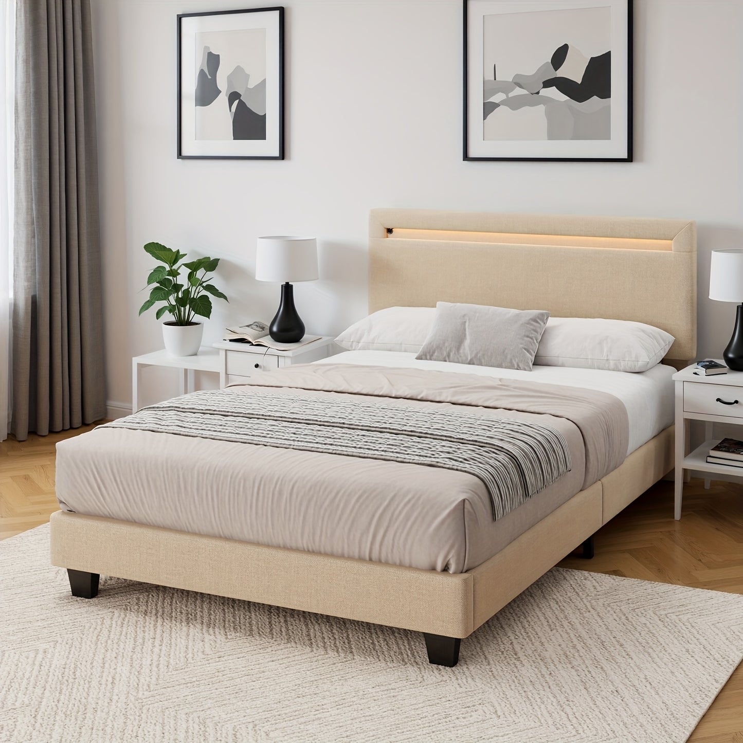 Bedframe – Bedbodem – Slaapbank – Ledikant – Boxspringframe – Modern Design – Stabiele Hardhouten Constructie – 120x200cm Beige Upholstered Hoofdbord