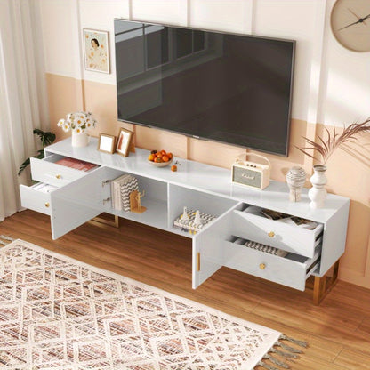 Low TV Cabinet with Structured Door TV Furniture with Drawers Golden Handles and Golden Feet