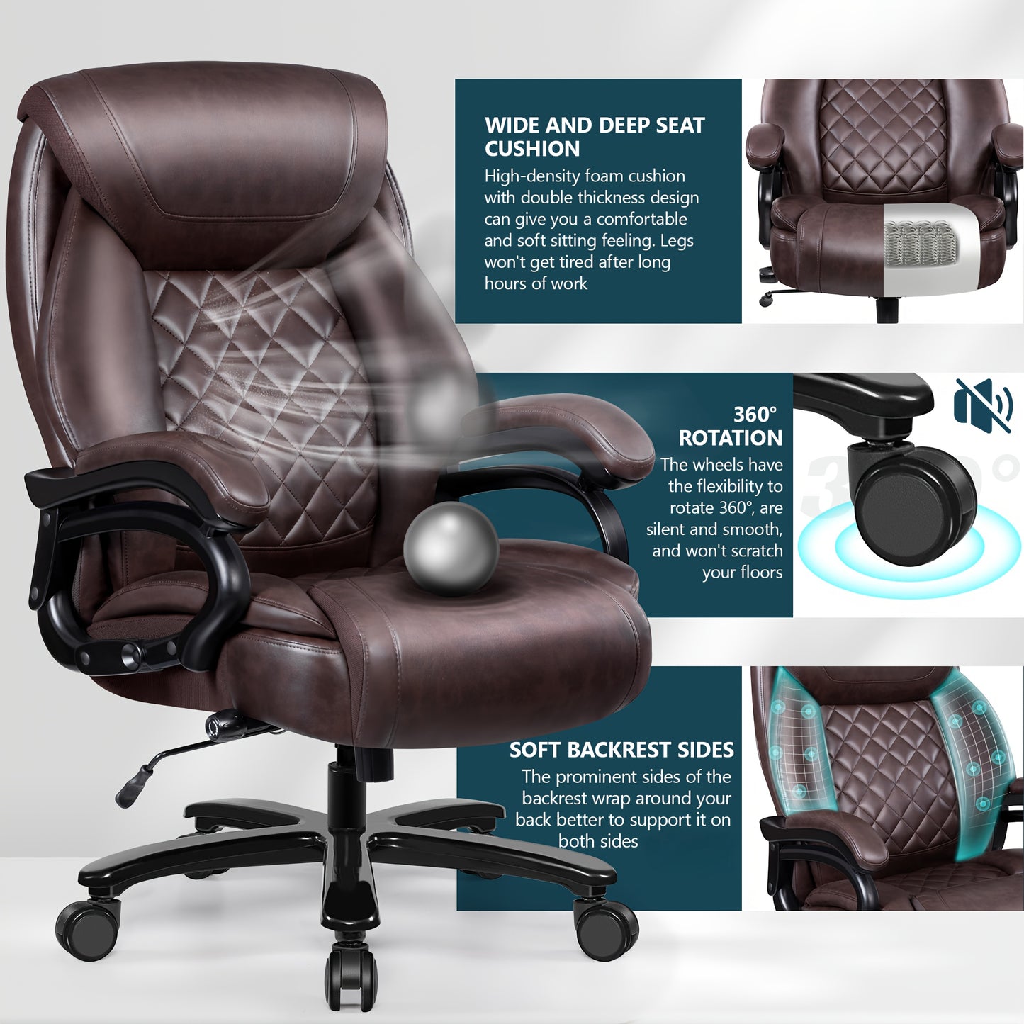 Ergonomische Bureaustoel – Comfortabele Stoel – Bureaustoel Voor Grote Personen – Verstelbare Lendensteun – Extra Brede Zitting – Draagvermogen 226 Kg - Bruin