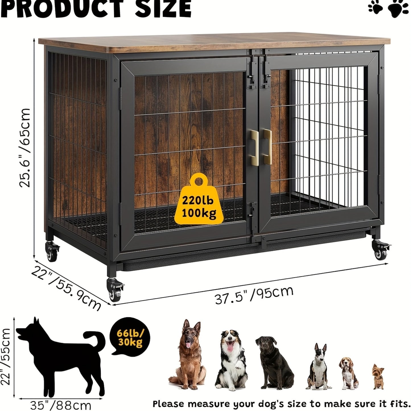 Hondenkennel Grote Maat – Hondenkooi Binnen – Hondenbench Hout – Hondenhok XL – Met Dubbele Deuren – Stevig Stalen Frame – Verplaatsbaar Met Remmen