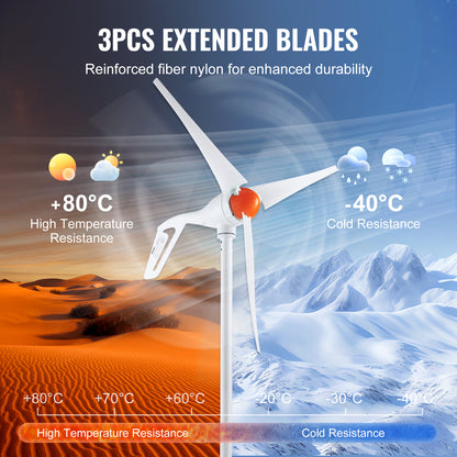 500W Windturbine Generator – Windmolen – Windenergie Generator – Windkracht Turbine – Windkracht Generator – MPPT Controller – 47 Inch Glasvezel Bladen – Wit