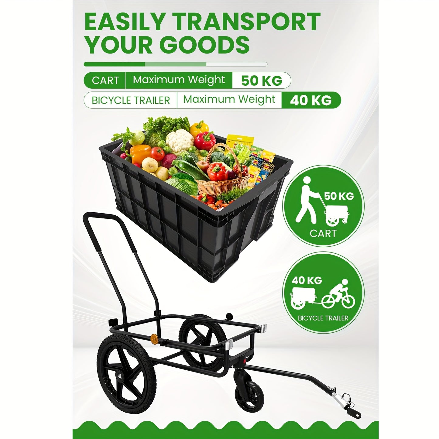 2-in-1 Fietskar – Boodschappentrolley – Handkar – Fietstrolley – Koelwagen – Zwart – Tot 40 kg Draagvermogen – Uitneembare Waterafstotende Hoes