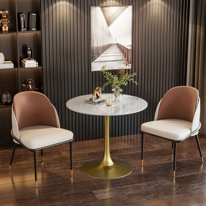 Ronde Bartafel – Hoge Tafel – Statafel – Bar Tafel – Café Tafel – Wit Gesinterd Steen – Gouden Metalen Onderstel – 76 cm Diameter – 100 cm Hoogte