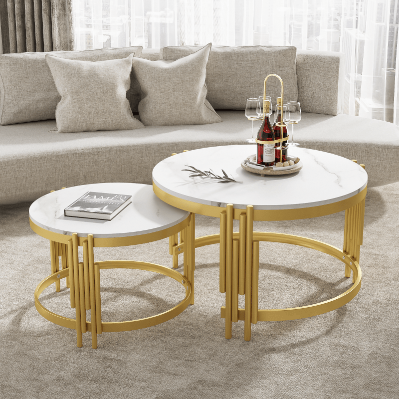 Modulaire Salontafel Set – Koffietafel – Bijzettafel – Ronde Tafels – Marmerlook Tafel – Gouden Metalen Frame – Twee Maten – Licht & Stevig Design
