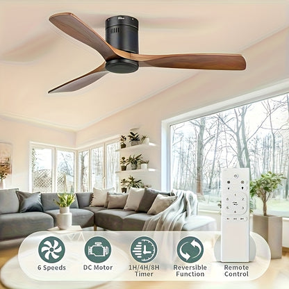Plafondventilator – Ventilator Plafond – Plafonniere – Ventilator Binnen – Ventilator Buiten – Laag Profiel – 3 Houten Bladen – Fluisterstille DC Motor – Afstandsbediening