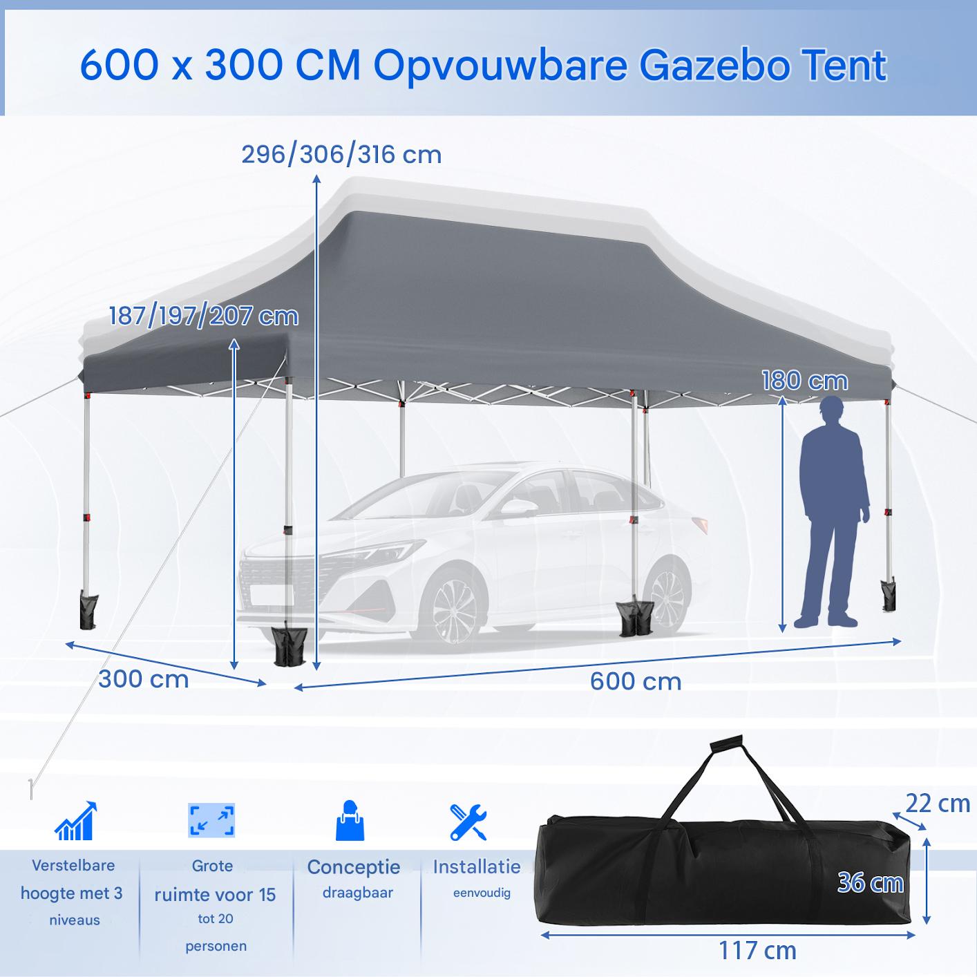 Partytent – Pop-up Tent – Paviljoen – Easy-up Tent – Tuintent – 300x600 cm – Waterafstotend Oxford Stof – Verstelbare Hoogte