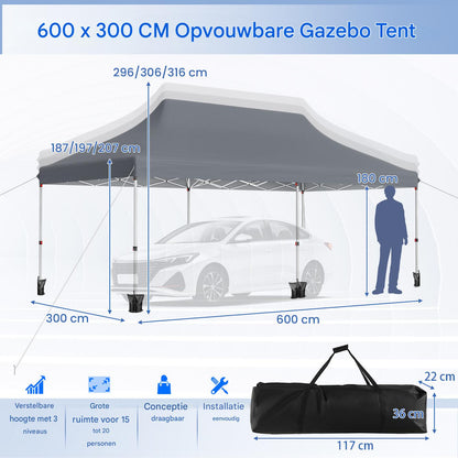 Partytent – Pop-up Tent – Paviljoen – Easy-up Tent – Tuintent – 300x600 cm – Waterafstotend Oxford Stof – Verstelbare Hoogte