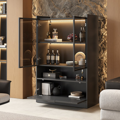 Zijboard – Dressoir – Opbergkast – Vitrinekast – Kast – Mat Zwart – 120 cm Hoogte – Glazen Deuren & Klapdeuren