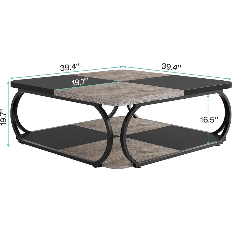 Salontafel – Koffietafel – Woonkamertafel – Theetafel – Bijzettafel – Modern Vierkant Ontwerp – Open Opbergruimte – Metaal Houtcomposiet – 100x100x50 cm – Zwart Grijsbruin