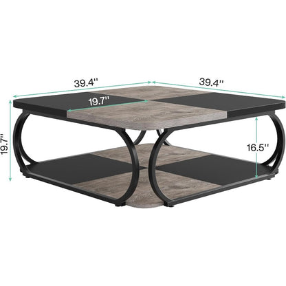 Salontafel – Koffietafel – Woonkamertafel – Theetafel – Bijzettafel – Modern Vierkant Ontwerp – Open Opbergruimte – Metaal Houtcomposiet – 100x100x50 cm – Zwart Grijsbruin