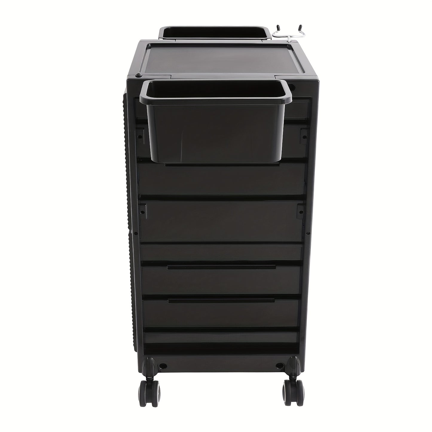 Opbergtrolley Salon – Beauty Trolley – Kapperskar – Opbergwagen – Werkplaatswagen – Met 6 Laden & 2 Zijmanden – Zwart Kunststof – Stil 360° Zwenkwielen & Haardrogerhouder