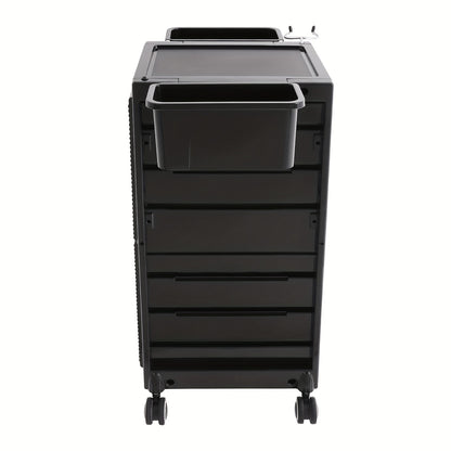 Opbergtrolley Salon – Beauty Trolley – Kapperskar – Opbergwagen – Werkplaatswagen – Met 6 Laden & 2 Zijmanden – Zwart Kunststof – Stil 360° Zwenkwielen & Haardrogerhouder
