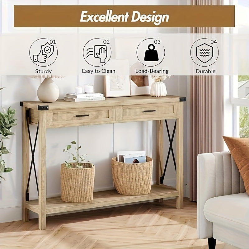Rustieke Sidetable – Bijzettafel – Haltafel – Sofa Tafel – Opbergmeubel – Burlwood Variant – Houten Frame – 2 Rieten Lades – Open Opbergplank – 109 cm Breedte – Eenvoudige Montage