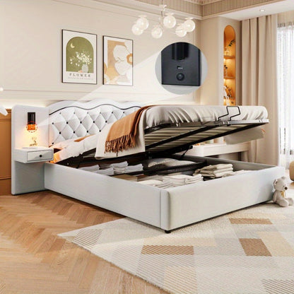 Bedframe – Ledikant – Slaapbank – Boxspring – Bed met Opbergruimte – Beige – Hydraulische Lift – Geïntegreerd Hoofdbord – 180x200 cm – Zachte Stof