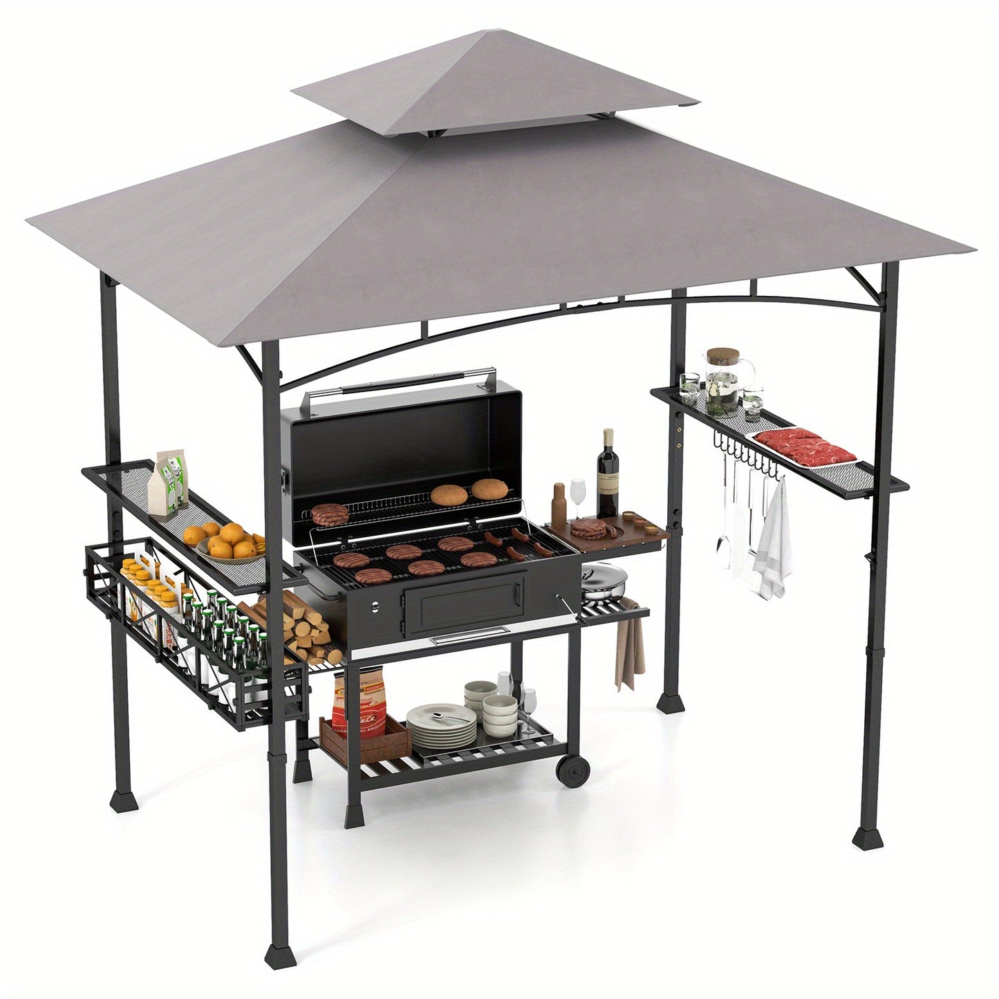 Heavy-Duty Grill Gazebo with 2 Side Shelves, Storage Basket & Hooks - CPAI-84 Flame Resistant Outdoor BBQ Canopy, Large Cooking Station Shelter with Metal Frame for Backyard, Patio, BBQs - Easy Assembly