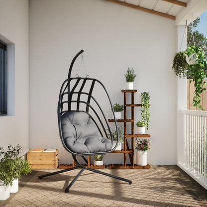 Hangstoel – Schommelstoel – Hangmatstoel – Hangstoel Met Standaard – Cocoonstoel – Stalen Frame Zwart – Weerbestendig – Max. 150 kg – Inclusief Antraciet Kussen