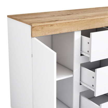 Merax Dresser with 3 Drawers and 2 Doors, Lockable Compartment, Storage Function, for Bedroom and Living Room, E1 Chipboard, White+Oak