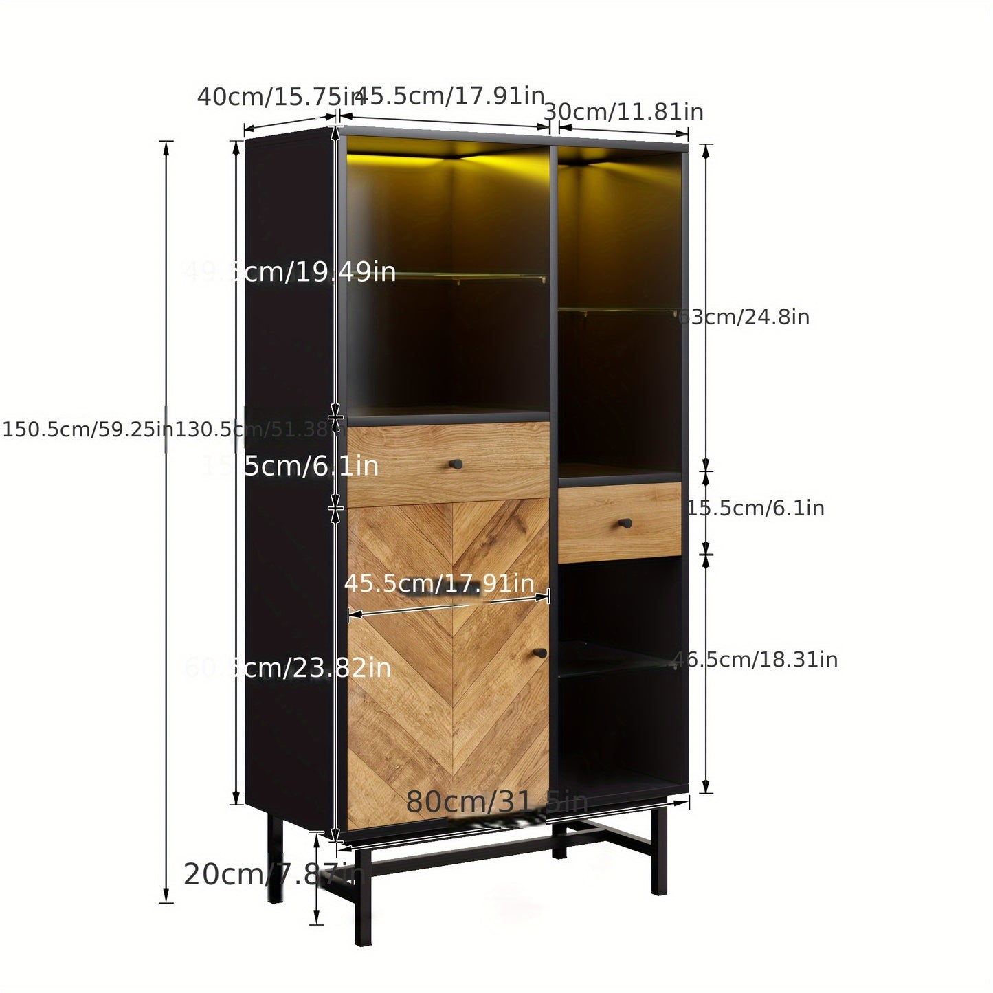 Vitrinekast – Displaykast – Opbergkast – Servieskast – Dressoir – Hout Zwart + Houtkleur – Ruime Opbergruimte – Modern Triangulair Design
