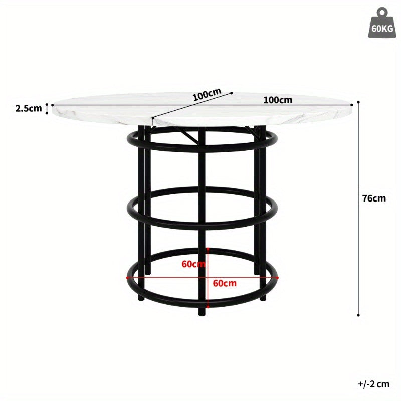 Eettafelset – Eethoek – Eetkamerset – Keukentafelset – Zitgroep – Ronde 100 cm Tafel – Wit Marmerlook Plastic Blad – Grijze Stoffen Stoelen – Compact & Onderhoudsvriendelijk