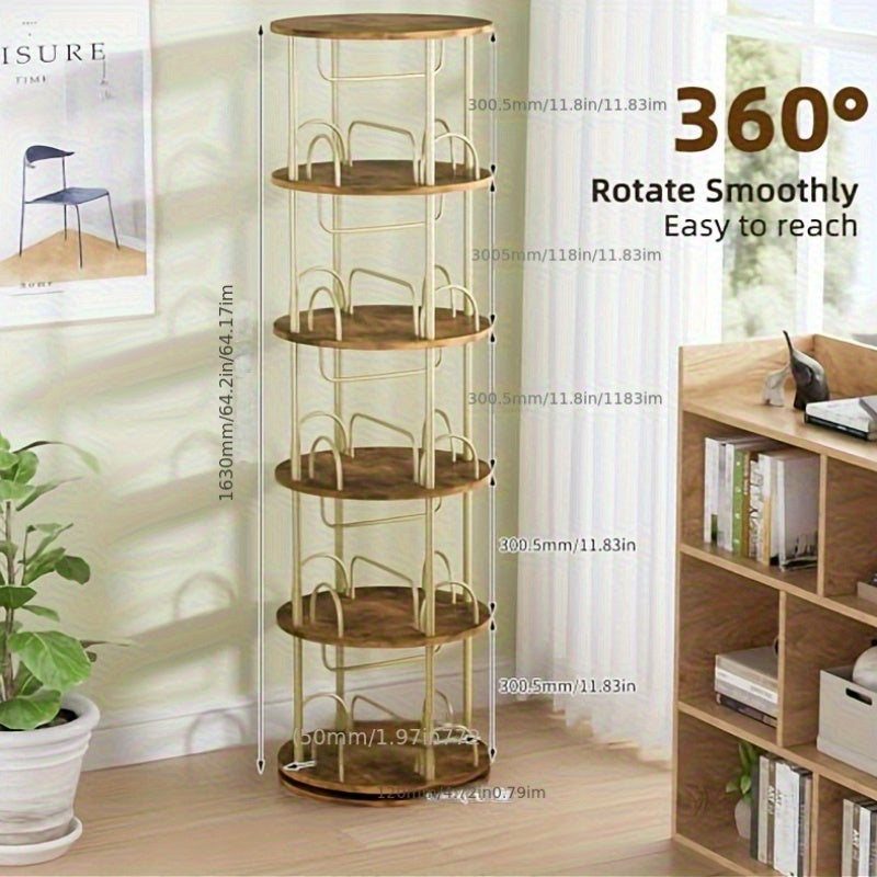 Draaibare Boekenplank – Ronde Boekenkast – Boekenrek – 360 Graden Draaisysteem – Opbergrek – 5 Vakken – Compact Design – Hout-Metalen Constructie – Bruin