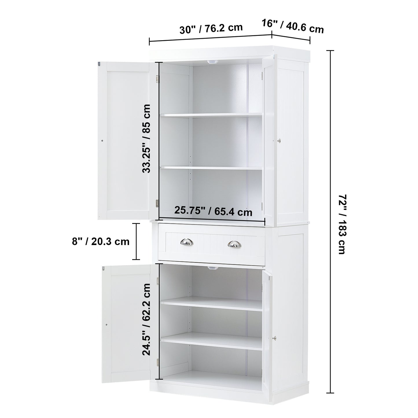 Opbergkast – Keukenkast – Voorraadkast – Buffetkast – Dressoir – Wit – Hoog en Smal – Verstelbare Planken – Anti-Kantel Veiligheid