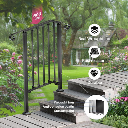 Buitenhandgreep – Buitenleuning – Trapleuning – Handrail – Stabiliteitshandgreep – Smeedijzer Zwart – Weerbestendig Poedercoating – 52,98x93,98 cm – Voor Beton En Hout
