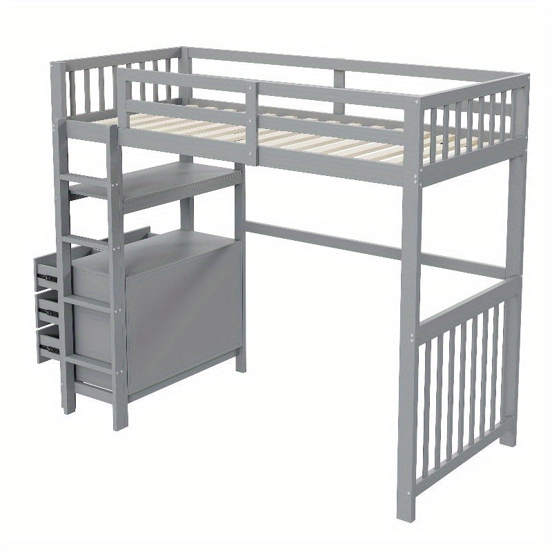 Hoogslaper – Eenpersoonsbed – Stapelbed – Bed met Opberglades – Bed met Ladder – 90x200 cm – Grijs Metaal – Ruimtebesparend Design – Stevige Metalen Constructie