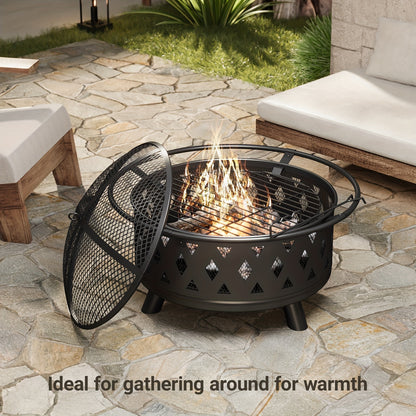 Vuurkorf – Tuinhaard – Buitenhaard – Terrashaard – Barbecuekorf – Zwart – Diameter 76 cm – Inclusief Grill en Sprankelvanger
