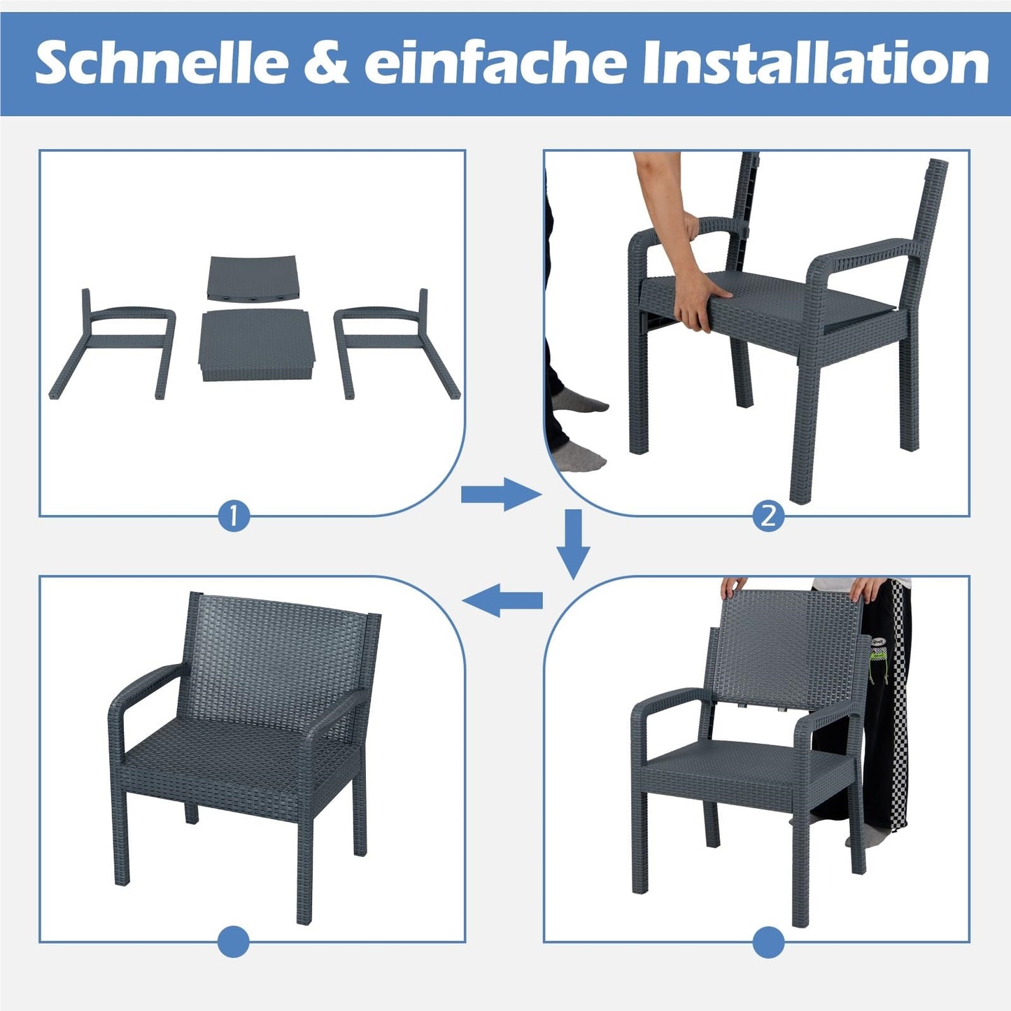 3-Delige Rattan Tuinmeubelset – Balkonset – Terrasmeubilair – Tuinset – Loungeset – Weerbestendig Pp-Materiaal – Ergonomische Stoelen Met Bijzettafel – Grijs