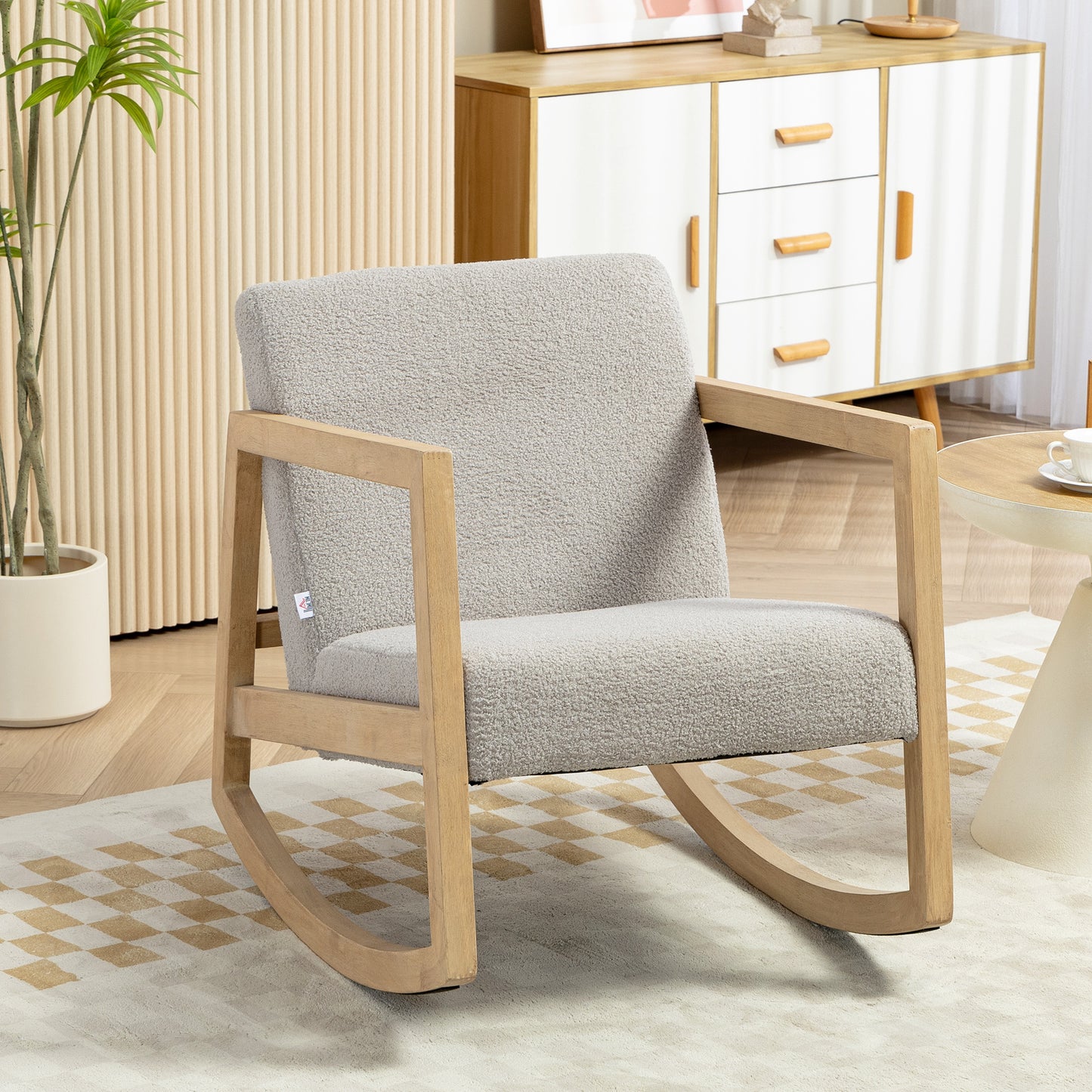 Schommelstoel – Relaxstoel – Fauteuil – Loungestoel – Schommelstoel Babykamer – Bouclé Wollook – Massief Hevea Houten Frame – 60x81x71 cm