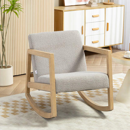 Schommelstoel – Relaxstoel – Fauteuil – Loungestoel – Schommelstoel Babykamer – Bouclé Wollook – Massief Hevea Houten Frame – 60x81x71 cm