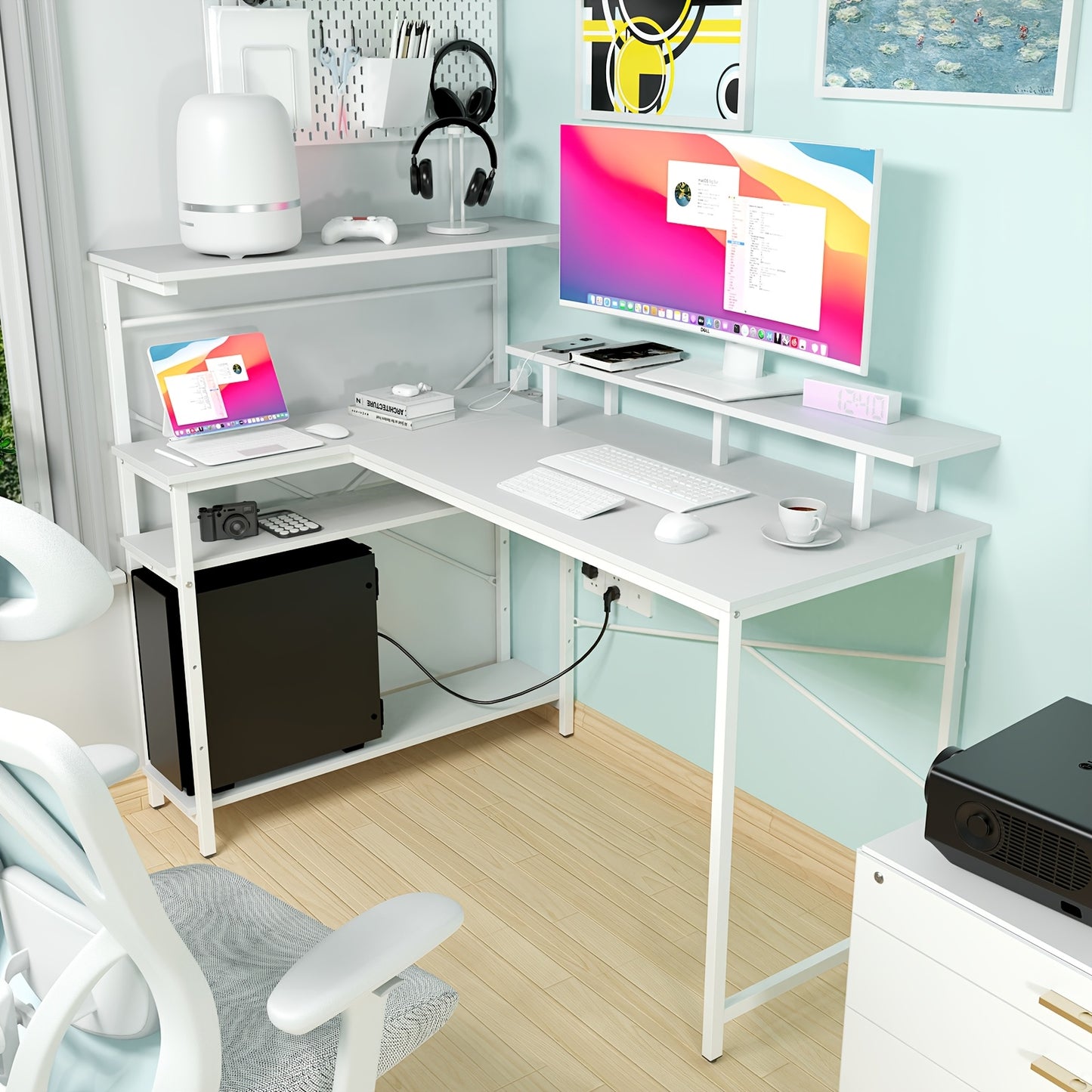 L-vormig Wit Computerbureau met Planken en Steunpaneel – Multifunctioneel Werkstation voor Kantoor, Slaapkamer, Studieruimte of Gaming Setup