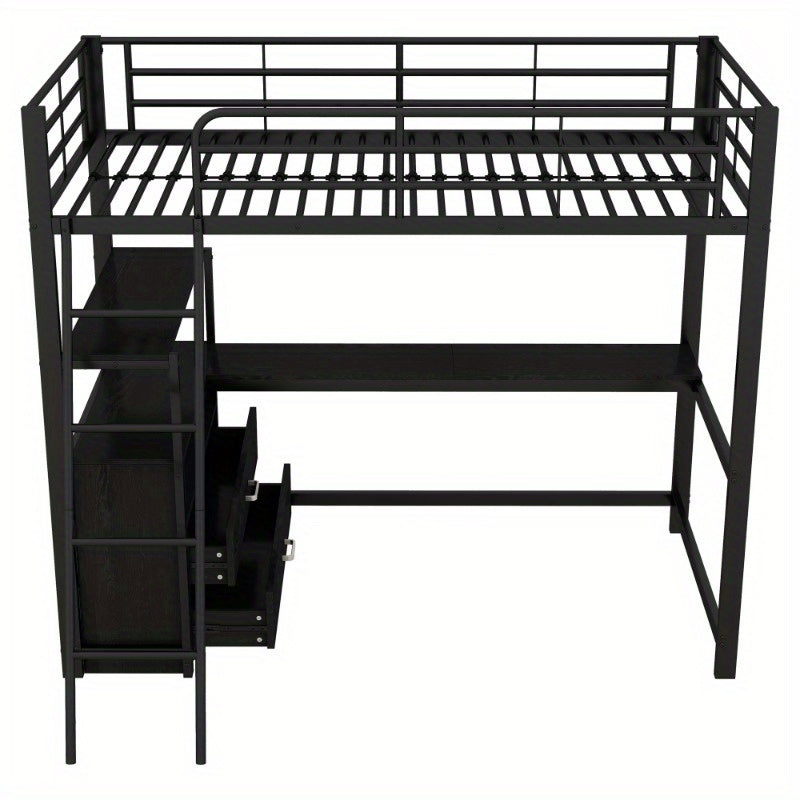 Hoogslaper Bed – Stapelbed – Studiebureau Bed – Ruimtebesparend Bed – Loft Bed Zwart – Stevig Metalen Frame – Ingebouwd L-Vormig Bureau