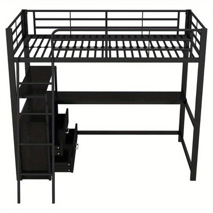 Hoogslaper Bed – Stapelbed – Studiebureau Bed – Ruimtebesparend Bed – Loft Bed Zwart – Stevig Metalen Frame – Ingebouwd L-Vormig Bureau