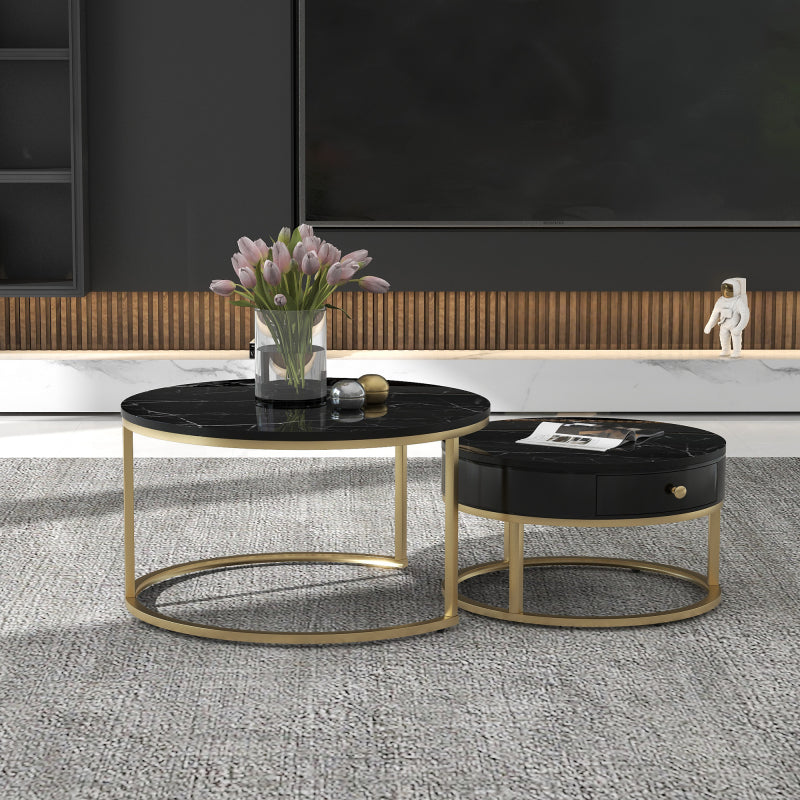 Ronde Bijzettafels – Salontafel – Side Table – Nesting Tafels – Koffietafel – Hoogglans Marmerprint – Nestingssysteem voor Ruimtebesparing – MDF Metalen Frame Zwart