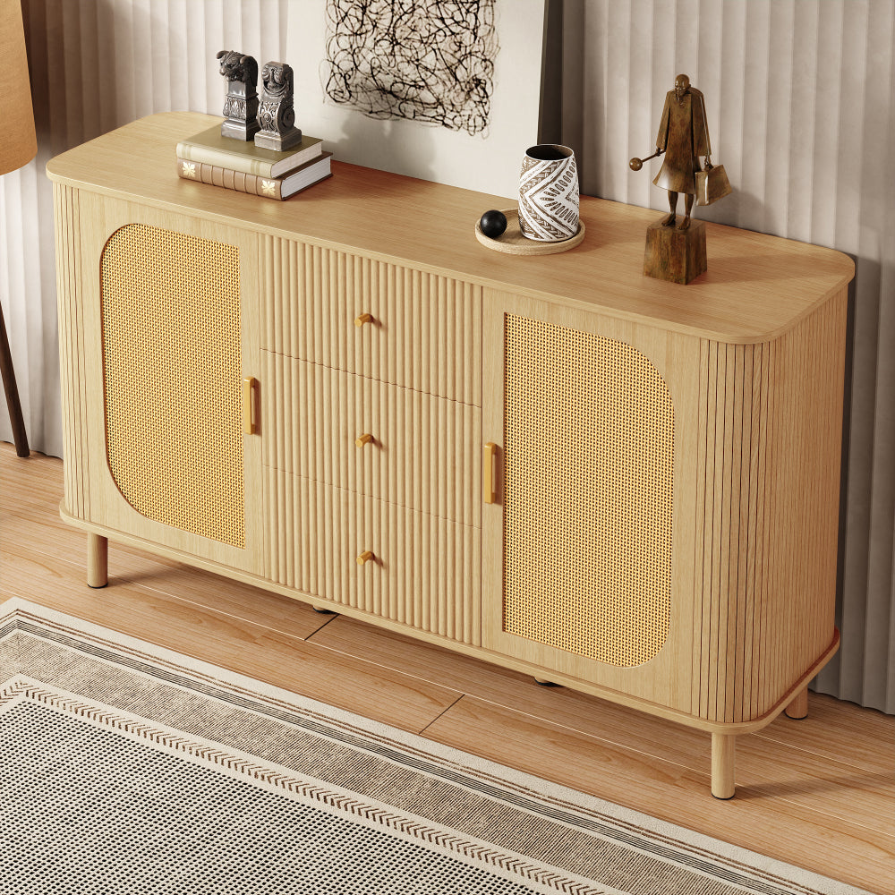 Dressoir – Opbergkast – Ladekast – Buffetkast – Commode – Modern Design – Duurzaam Materiaal – Licht Beige/Natuurlijke Bruin – Met Laden en Open Vakken – Stevige Metalen Poten