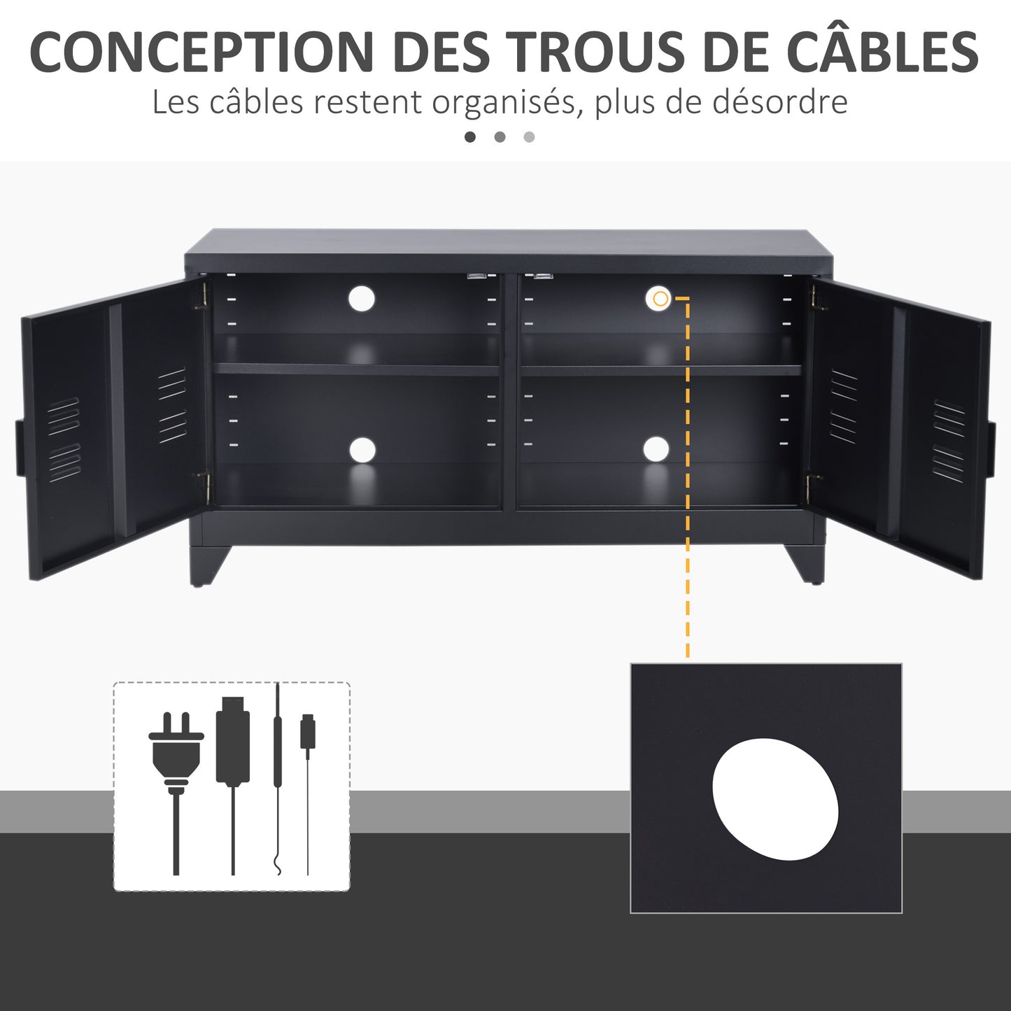 Industriële TV-kast – TV-meubel – TV-standaard – Tv-benk – Tv-dressoir – Zwart gepoedercoat staal – 2 kasten met verstelbare planken – Kabelbeheer en ventilatieroosters – 119 x 40 x 63,5 cm
