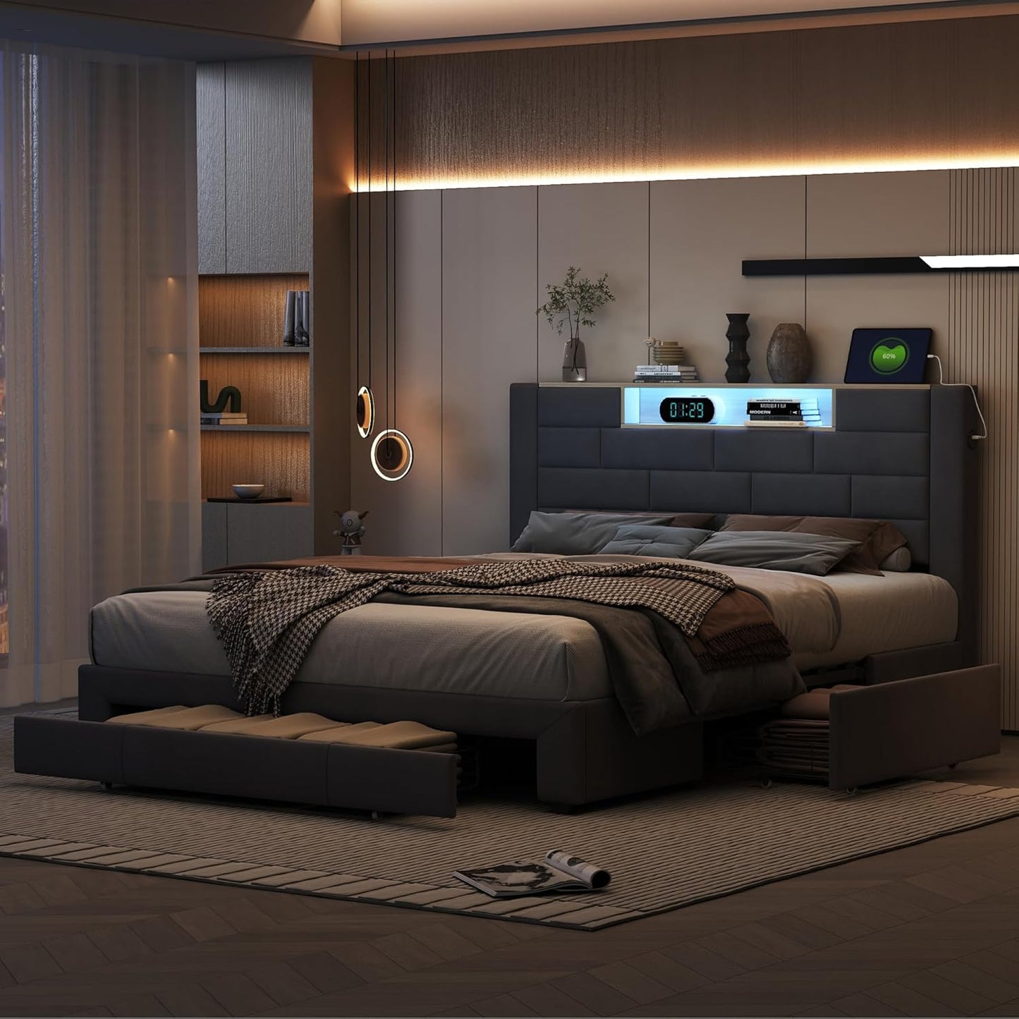 Led Bed – Tweepersoonsbed – Gestoffeerd Bed – Opbergbed – Slaapbank – 160x200 cm – Fluwelen Bekleding – Ingebouwde LED Verlichting en USB-poorten