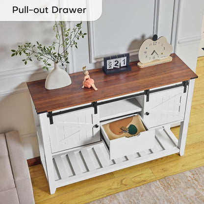 Sidetable – Haltafel – Wandtafel – Consoletafel – Dressoir – Massief Houten Constructie – Rustiek Walnoot Tweekleurig Design – Compacte Opbergruimte met Schuifdeuren en Lade – 117 x 69 x 68 cm
