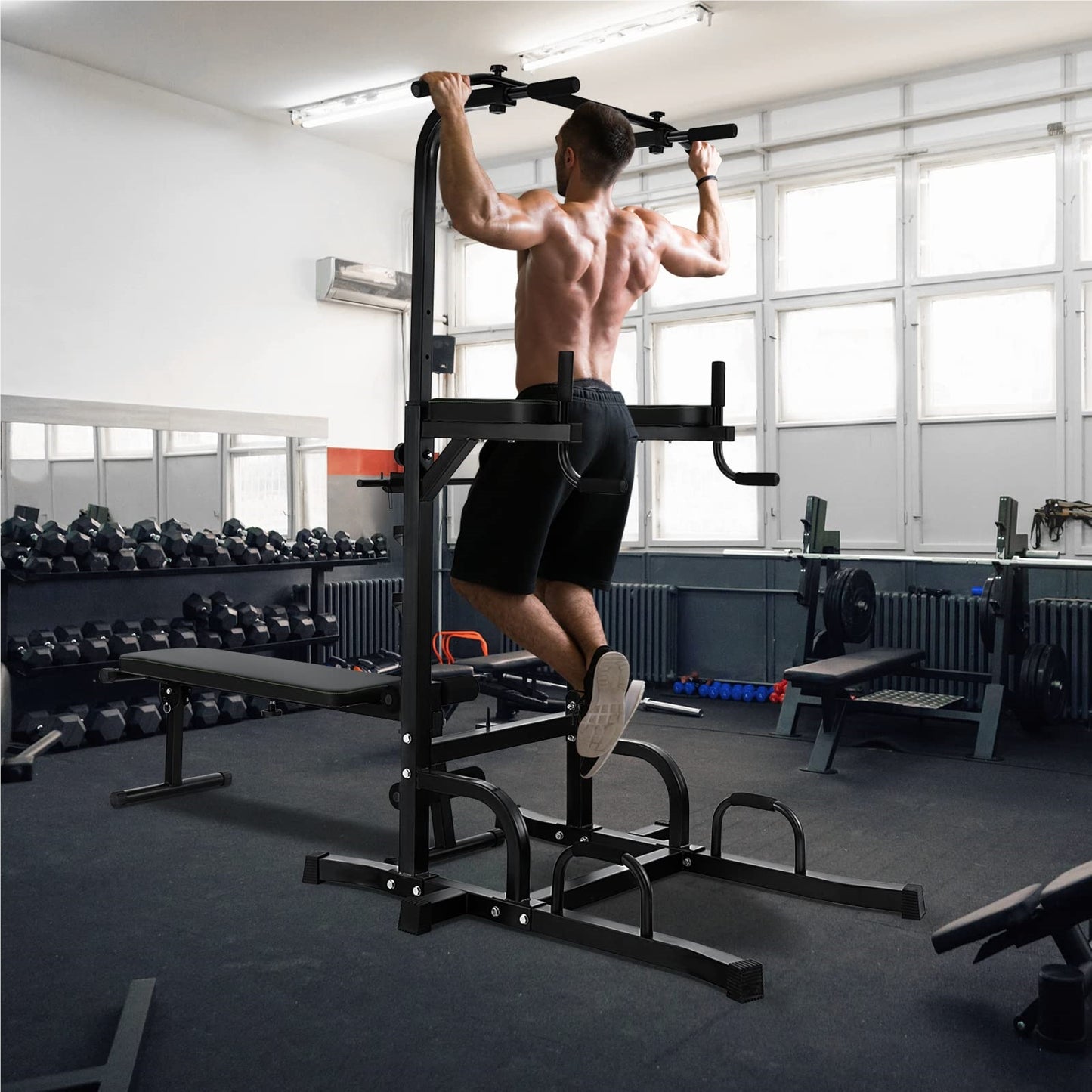Freestanding Pull-Up Bar – Power Tower – Klimrek – Fitnessstation – Dipstation – Zwart – Belastbaar Tot 150 KG – Hoogte 7-voudig Verstelbaar