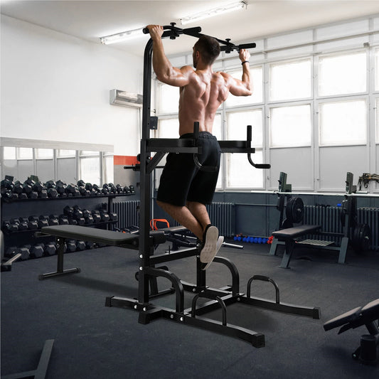 Freestanding Pull-Up Bar – Power Tower – Klimrek – Fitnessstation – Dipstation – Zwart – Belastbaar Tot 150 KG – Hoogte 7-voudig Verstelbaar