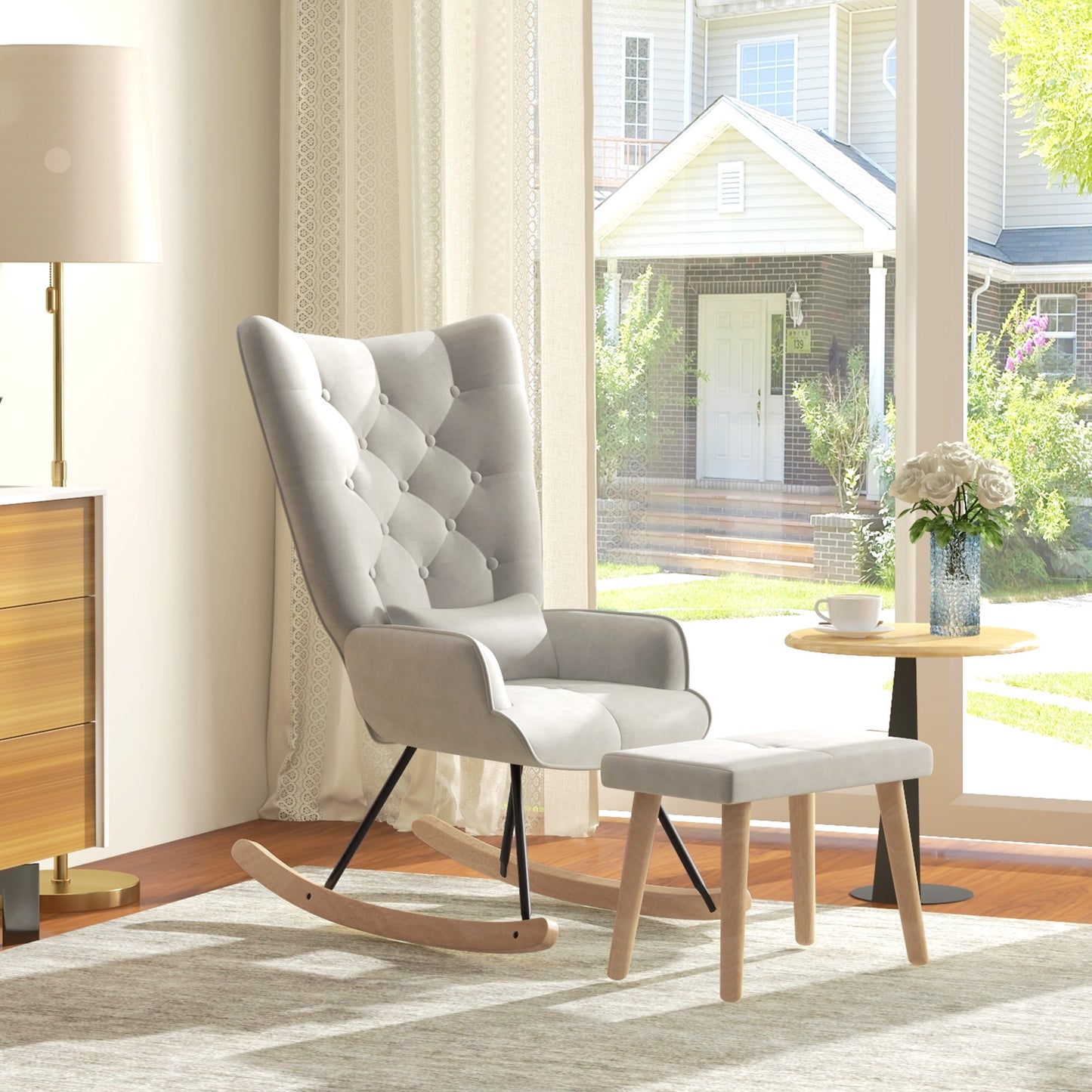 Schommelstoel – Relaxstoel – Fauteuil – Voedingsstoel – Loungestoel – Fluweel Bekleed – Hoge Rugleuning – Max. 150 kg – Inclusief Voetenbank – Crème Wit