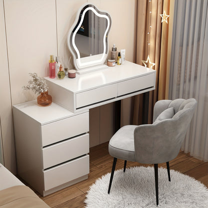 Makeuptafel – Kaptafel – Make-up Tafel – Schminktisch – Cosmetica Tafel – 5 Lades – MDF Met Metaal – Modern Wit Met Spiegel – Compact & Ruim Opbergmeubel – 69 cm Hoog - QUORE